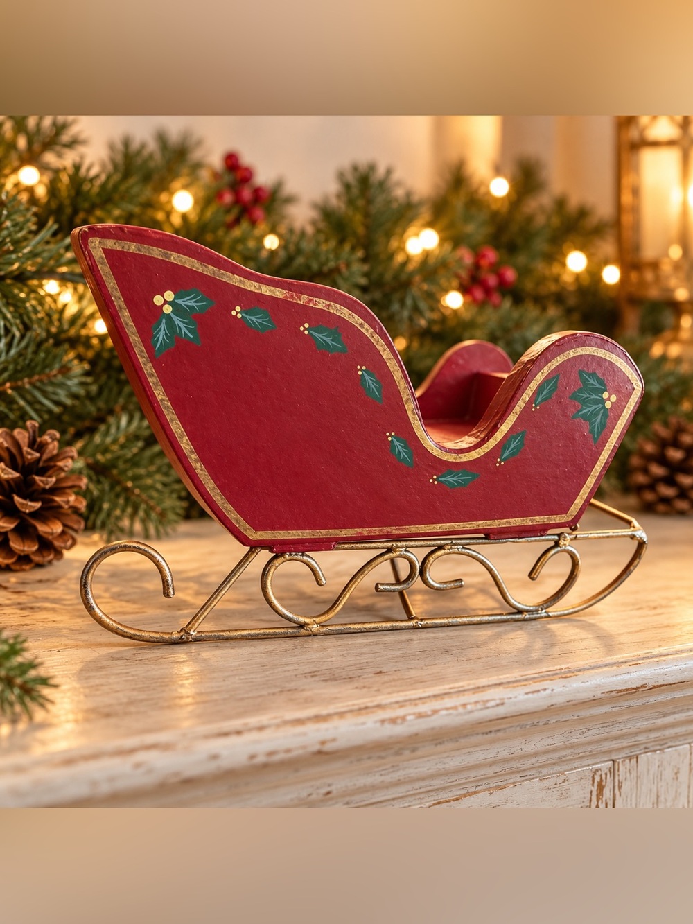 Red Wood Christmas Sleigh Decor with Holly Design and Gold Metal Runners
